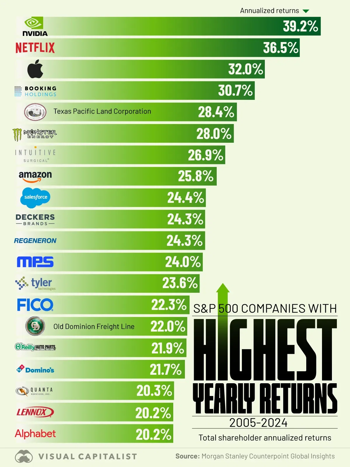 Ranked: Top 20 Best-Performing S&P 500 Stocks (2005-2024)