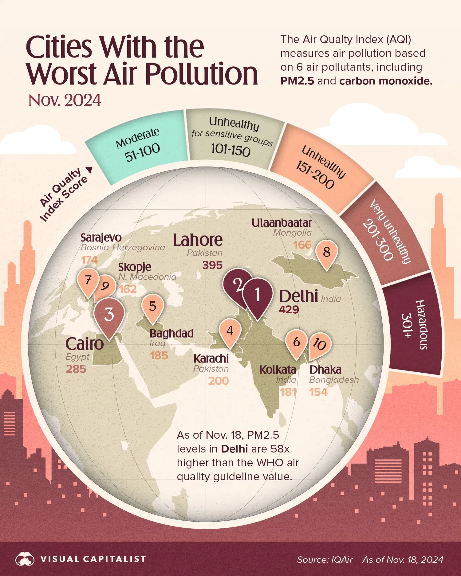 Mapped: Cities with the Worst Air Pollution (Nov 2024) 😷